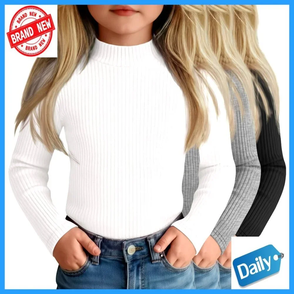 3 Pack Girls' Ribbed Long Sleeve Mock Turtleneck Cotton Tees Base Layer